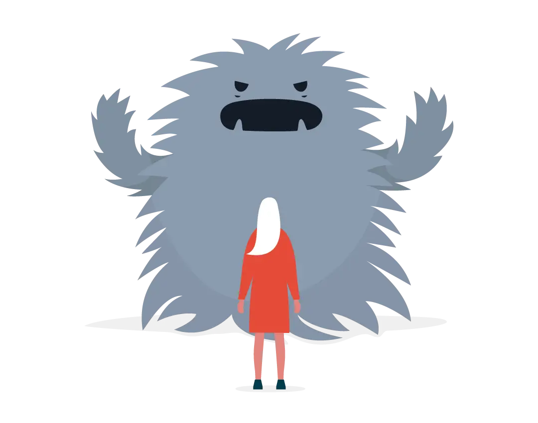 An illustration of a small figure standing in front of a large looming monster
