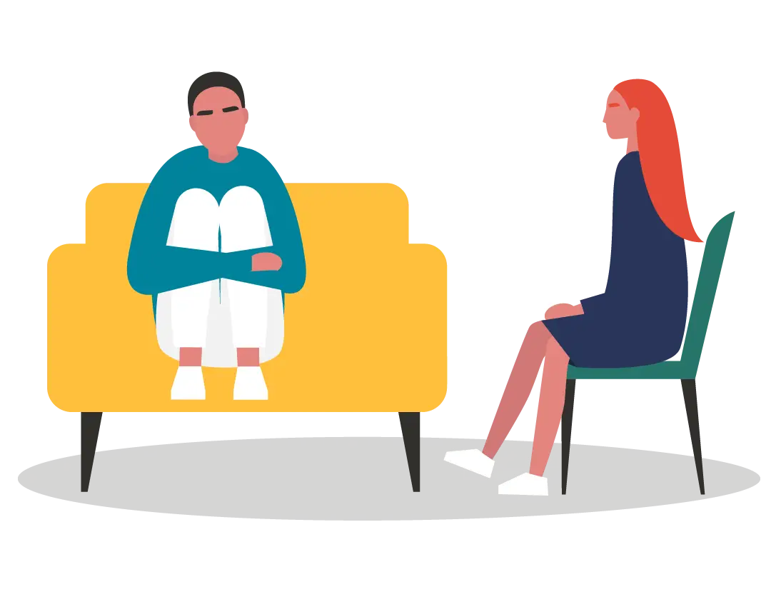 An illustration of a patient and a clinician talking in a counselling session