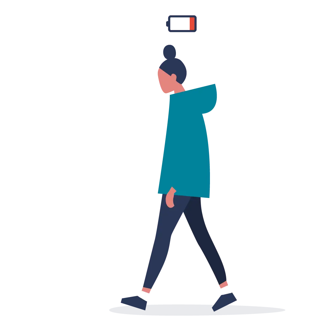 An illustration of a person walking beneath an almost-empty battery icon
