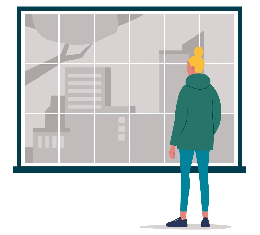 An illustration of a person at a large window looking out over a city