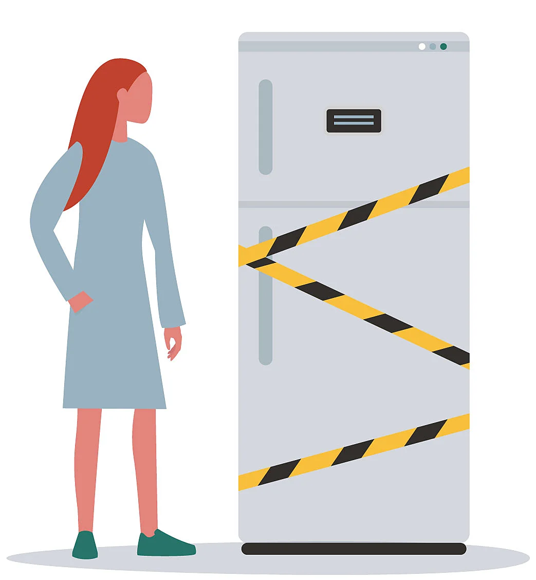 An illustration of a person standing beside a refrigerator sealed with hazard tape