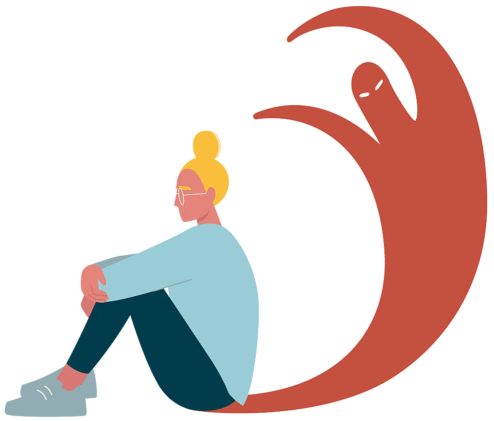 An illustration of a person sitting hunched with a large red shadow curling over them