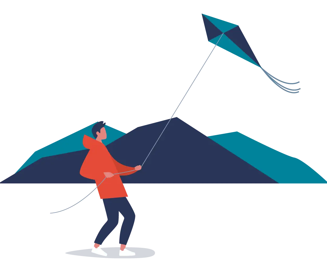 An illustration of a person flying a kite in front of mountains
