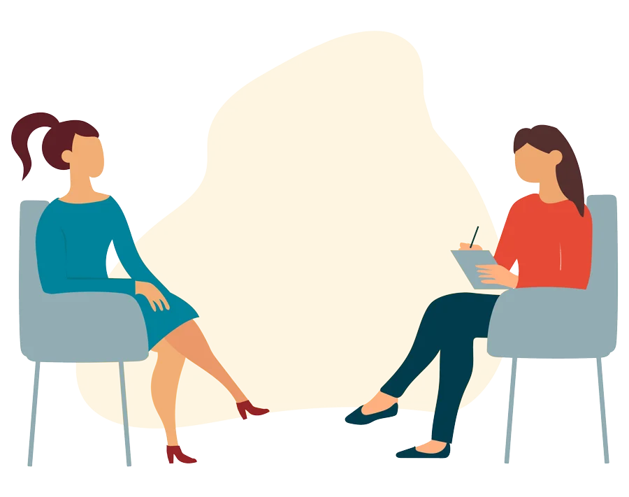 An illustration of a clinician and a patient in a treatment session